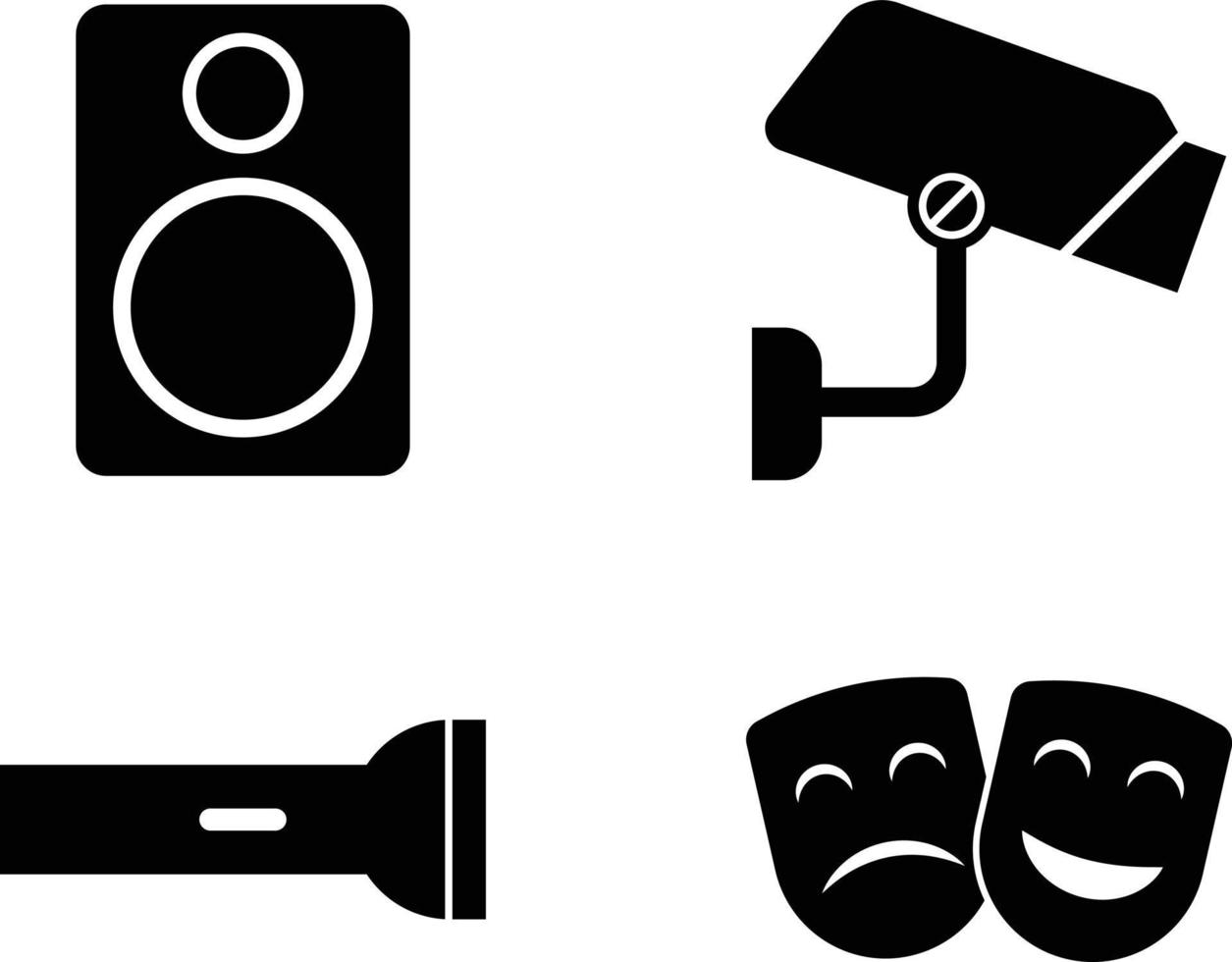 Music Speaker, Surveillance or Security Camera, Theater Happy and Sad Face Mask and Flashlight Torch Icon Set vector