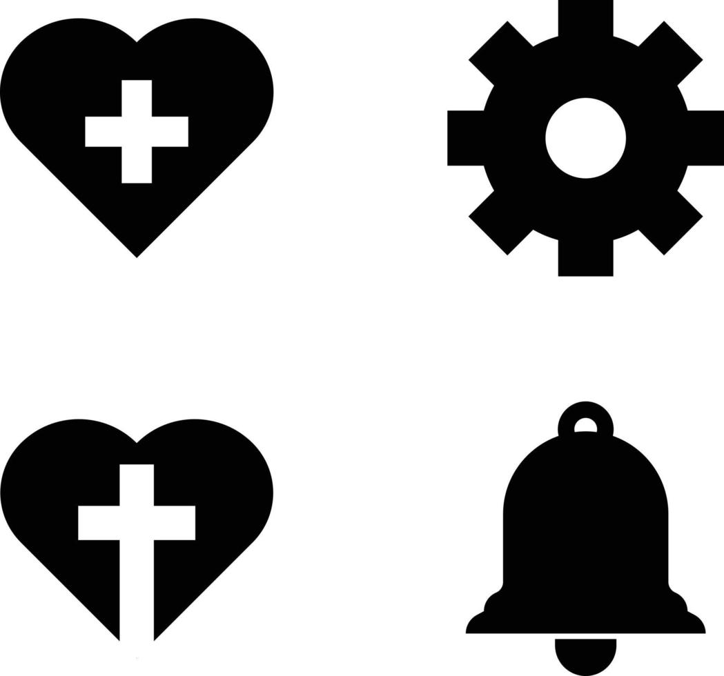 cruz médica del corazón, cruz religiosa del corazón, campana y conjunto de iconos de configuración vector