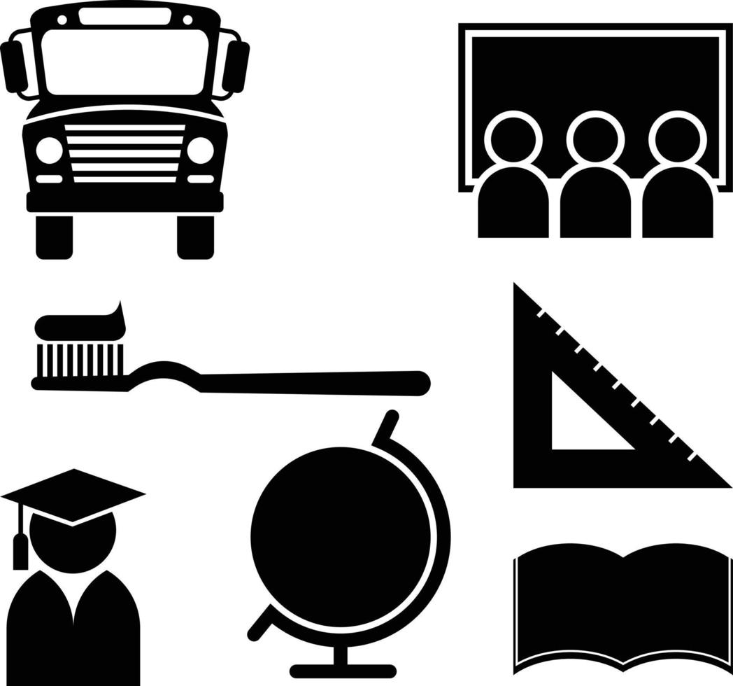 School Bus, Students Learning Computer Lesson, Triangle Ruler, Earth Globe, Graduating Book and Tooth Brush Icon Set vector