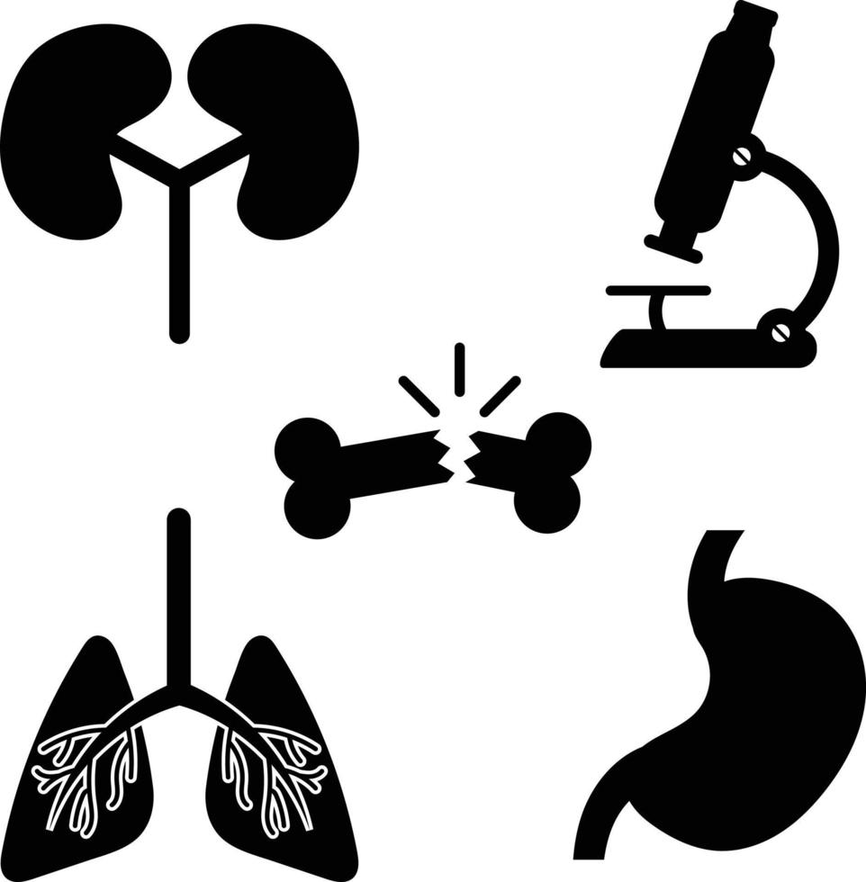 Kidney, Stomach, Lung, Microscope and Broken Bone Medical Icon Set vector