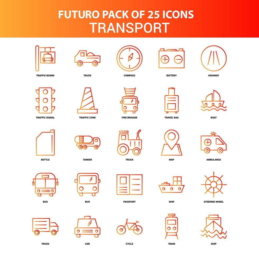 conjunto de iconos de transporte naranja futuro 25 vector