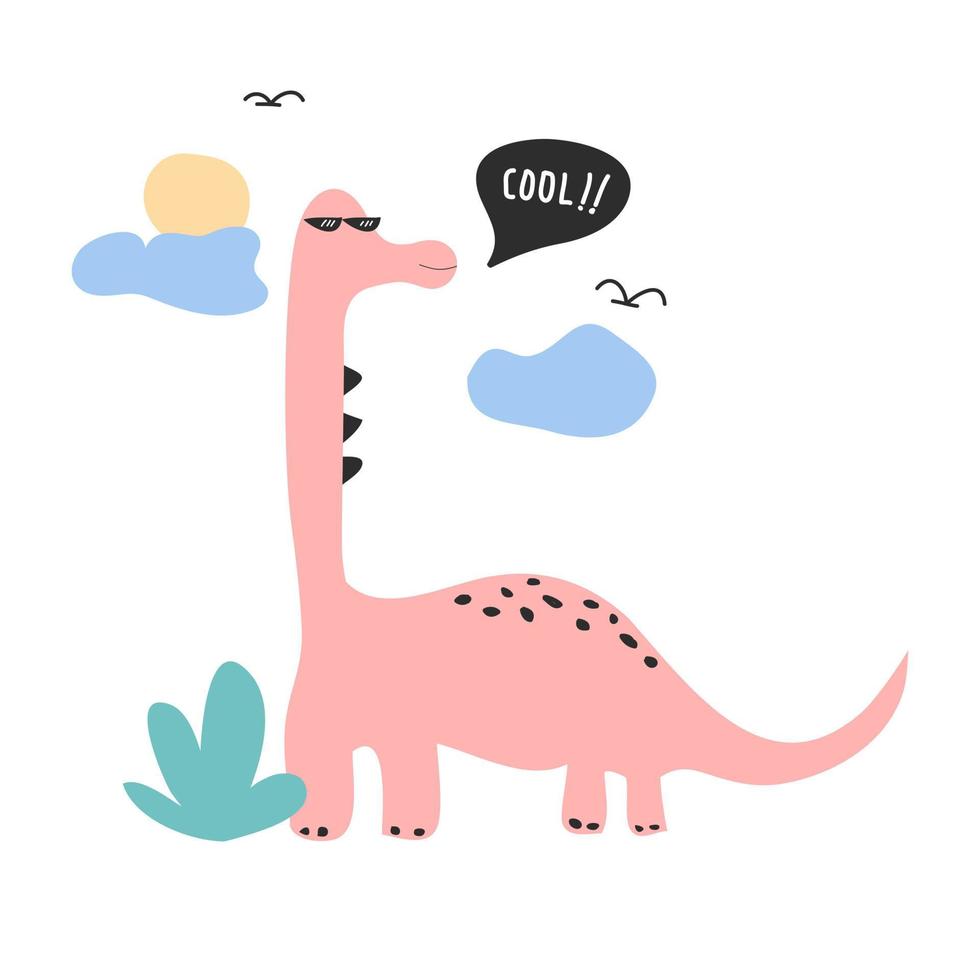 Cute Dinosaur in childish style. Vector Illustration. Can be used for fabric and textile, wallpapers, backgrounds, home decor, posters, cards.