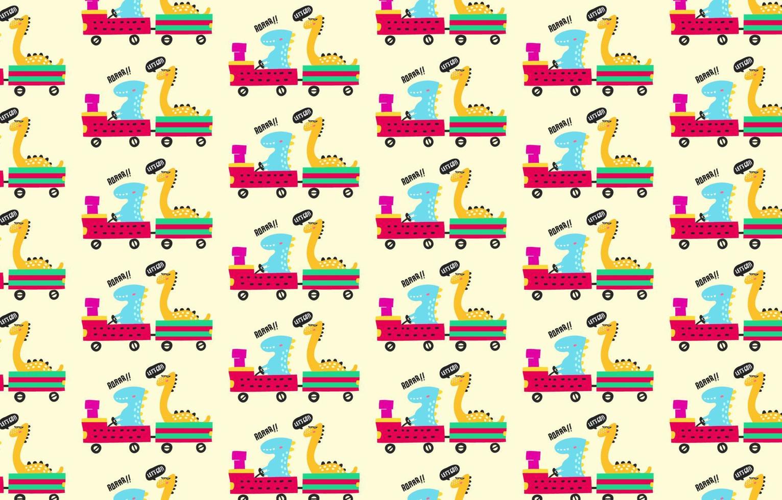 lindo dinosaurio montando un mini tren sin costuras en estilo infantil. ilustración vectorial se puede utilizar para telas y textiles, papeles pintados, fondos, decoración del hogar, carteles, tarjetas. vector