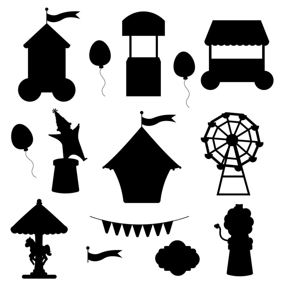 Collection of elements pink circus silhouette. Tent, clown, ticket office, lion vector