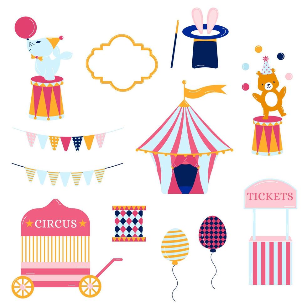 Collection of elements pink circus. Tent, hare in a hat, fur seal, garland, ball, bear, ticket office vector