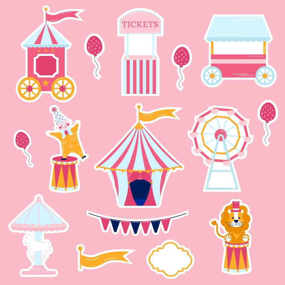 colección de pegatinas de circo rosa. tienda de campaña, payaso, boletería, león vector