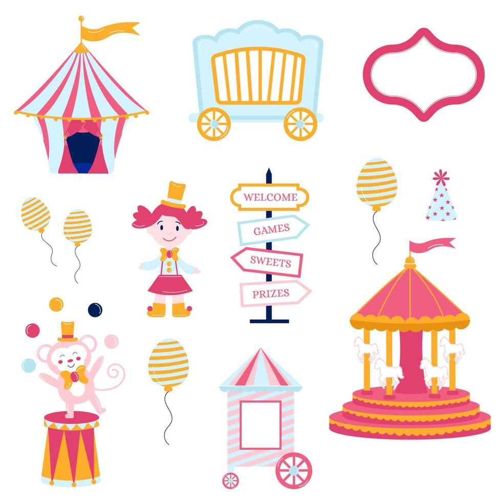 Collection of elements pink circus. Tent, monkey, doll, carousel, cap, ball, pointer vector