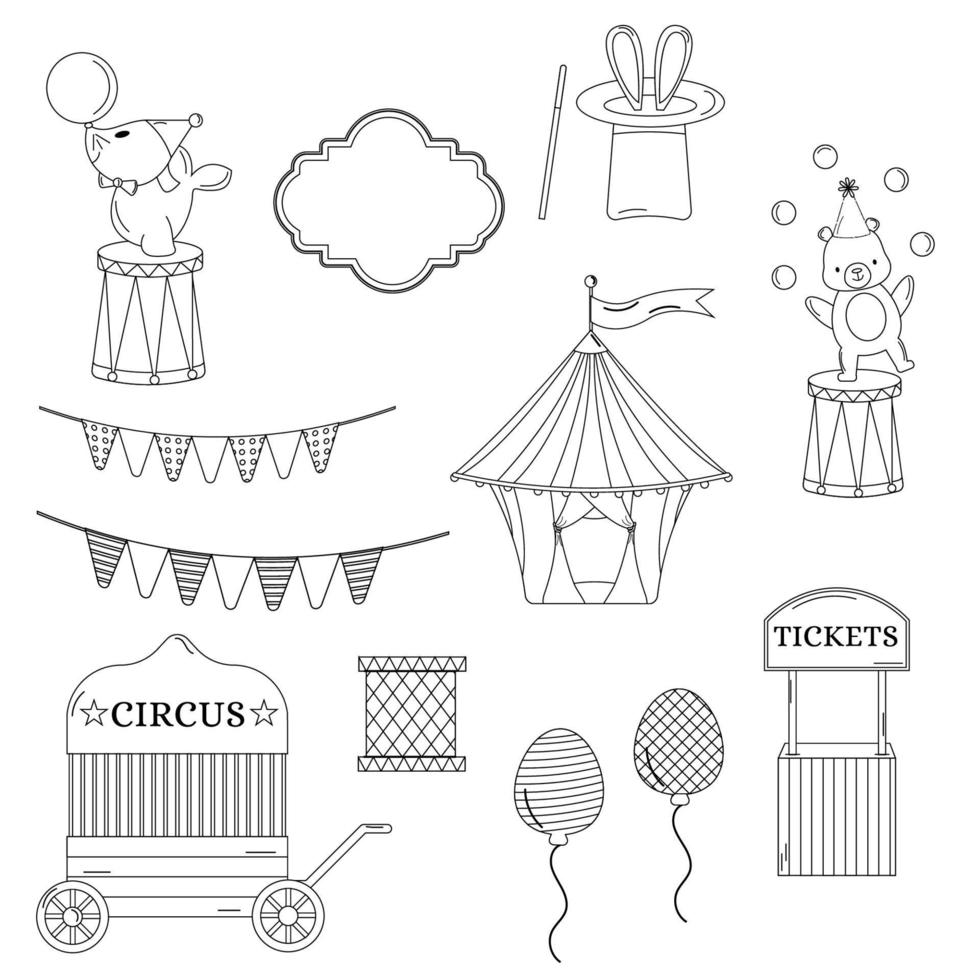 Collection of outline  circus. Tent, hare in a hat, fur seal, garland, ball, bear, ticket office vector