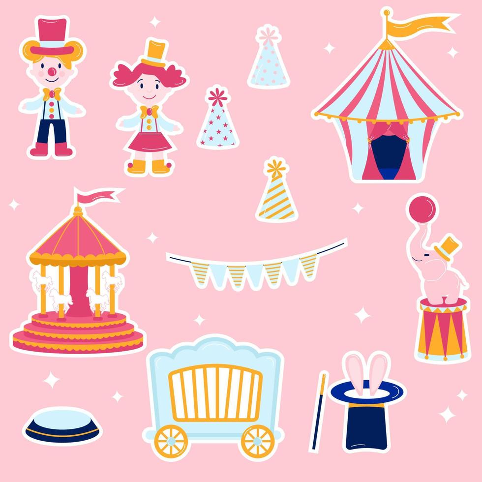 colección de pegatinas de circo rosa. tienda, payaso, muñeca, elefante, guirnalda, carrusel, liebre vector