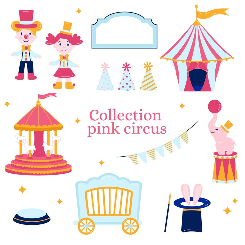 colección de elementos circo rosa. tienda, payaso, muñeca, elefante, guirnalda, carrusel, liebre vector