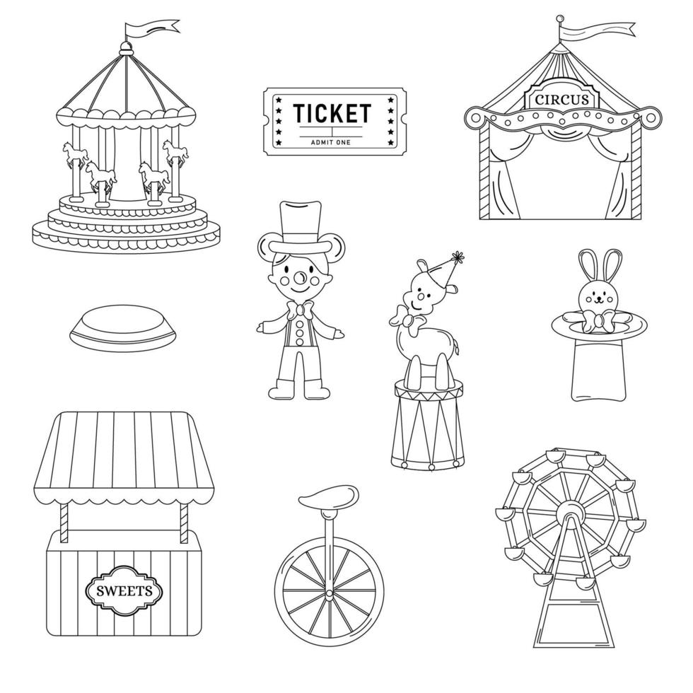 Collection of outline  circus. Tent, toy, carousel, tickets vector