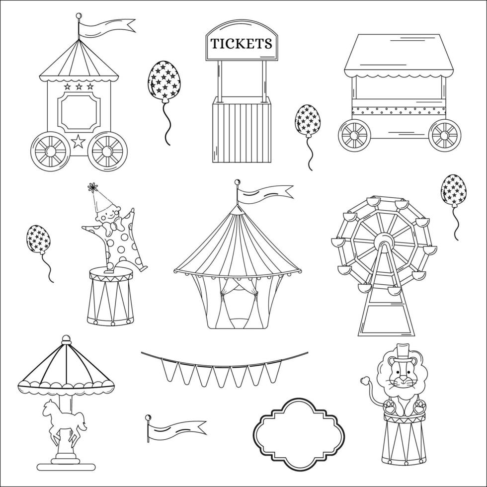 Collection of outline circus. Tent, clown, ticket office, lion vector