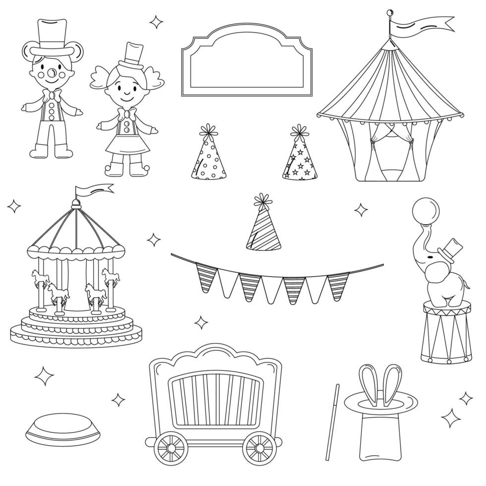 Collection of elements outline circus. Tent, clown, doll, elephant, garland, carousel, hare vector