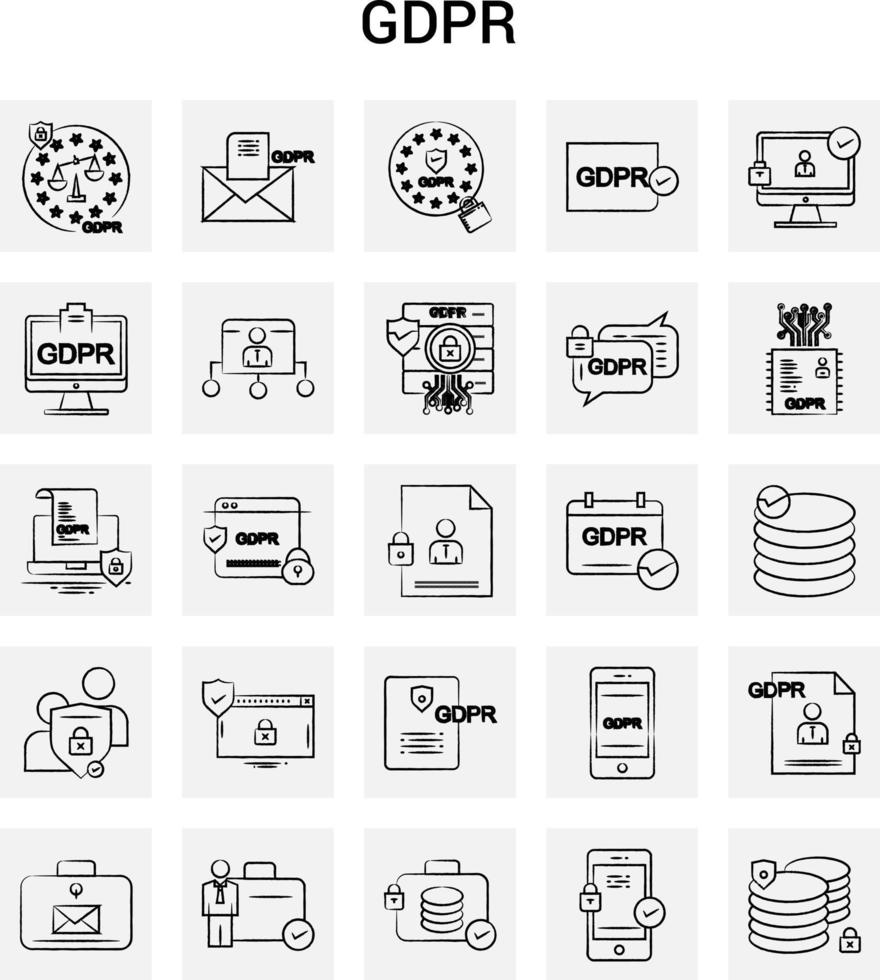 25 Hand Drawn GDPR icon set Gray Background Vector Doodle