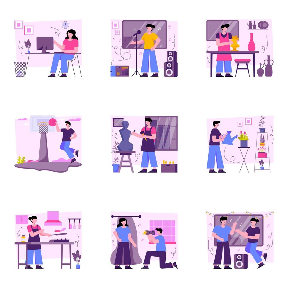 Pack of Leisure Activities Flat Illustrations vector