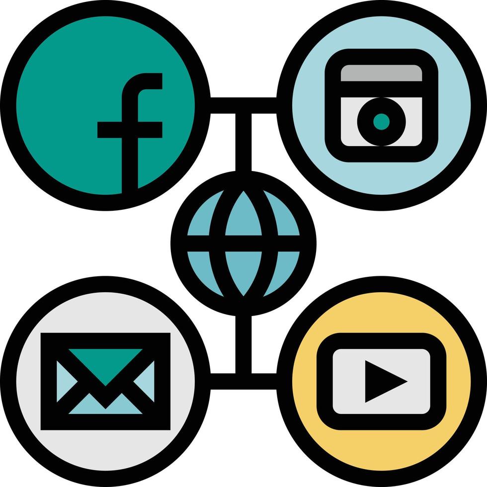 mundo de las redes sociales multimedia comercio electrónico en línea - icono de contorno lleno vector
