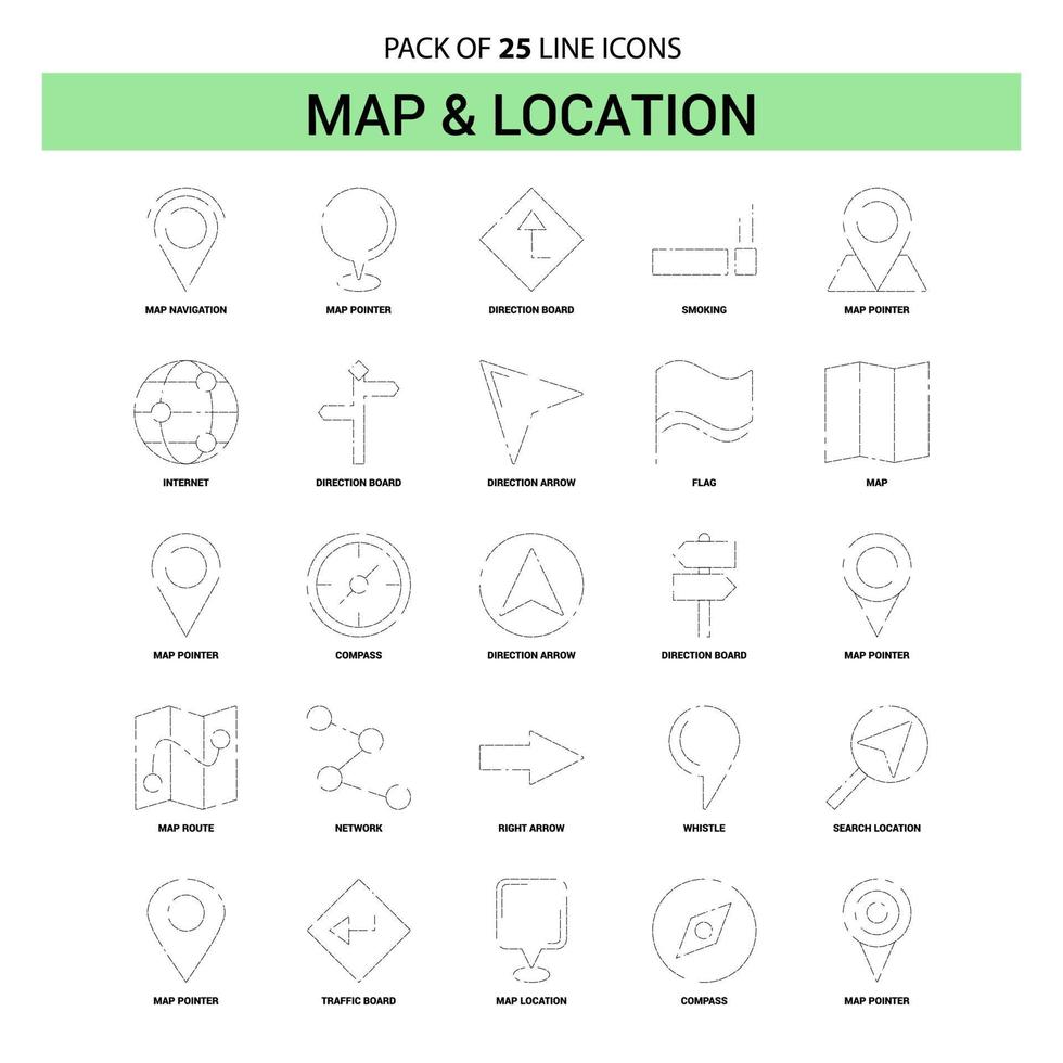 Map and Location Line Icon Set 25 Dashed Outline Style vector