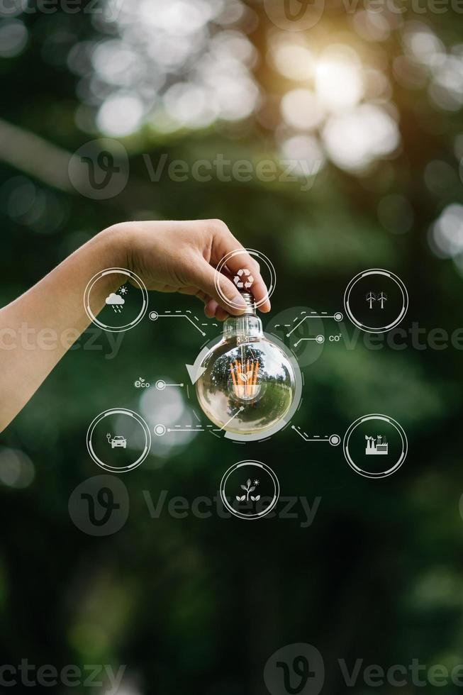 Hand holding anti nature light bulb on green leaf with renewable and sustainable development energy source icon. for renewable, love the world concept photo