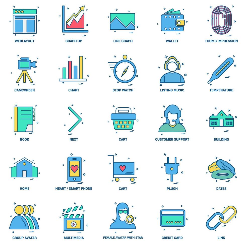 25 conjunto de iconos de color plano de mezcla de concepto de negocio vector