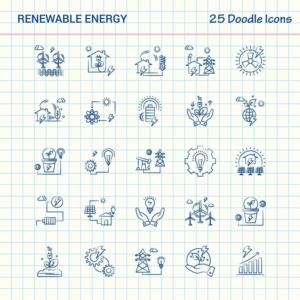 Renewable Energy 25 Doodle Icons Hand Drawn Business Icon set vector