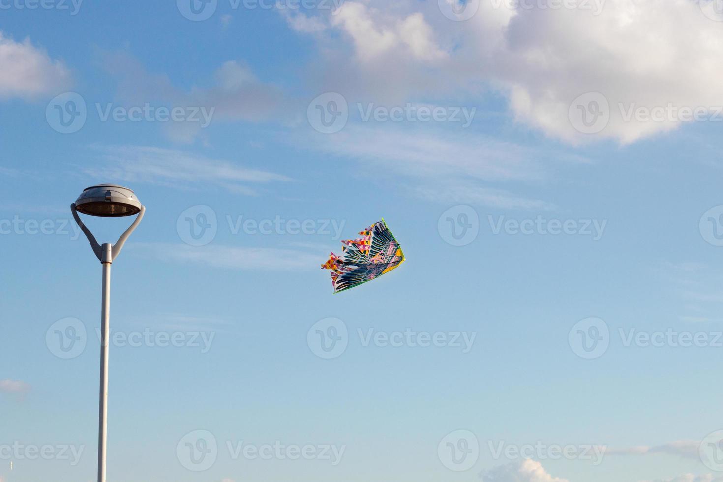 Sun illuminating a lone colorful rainbow kite flying high against puffy white clouds in a blue sky photo