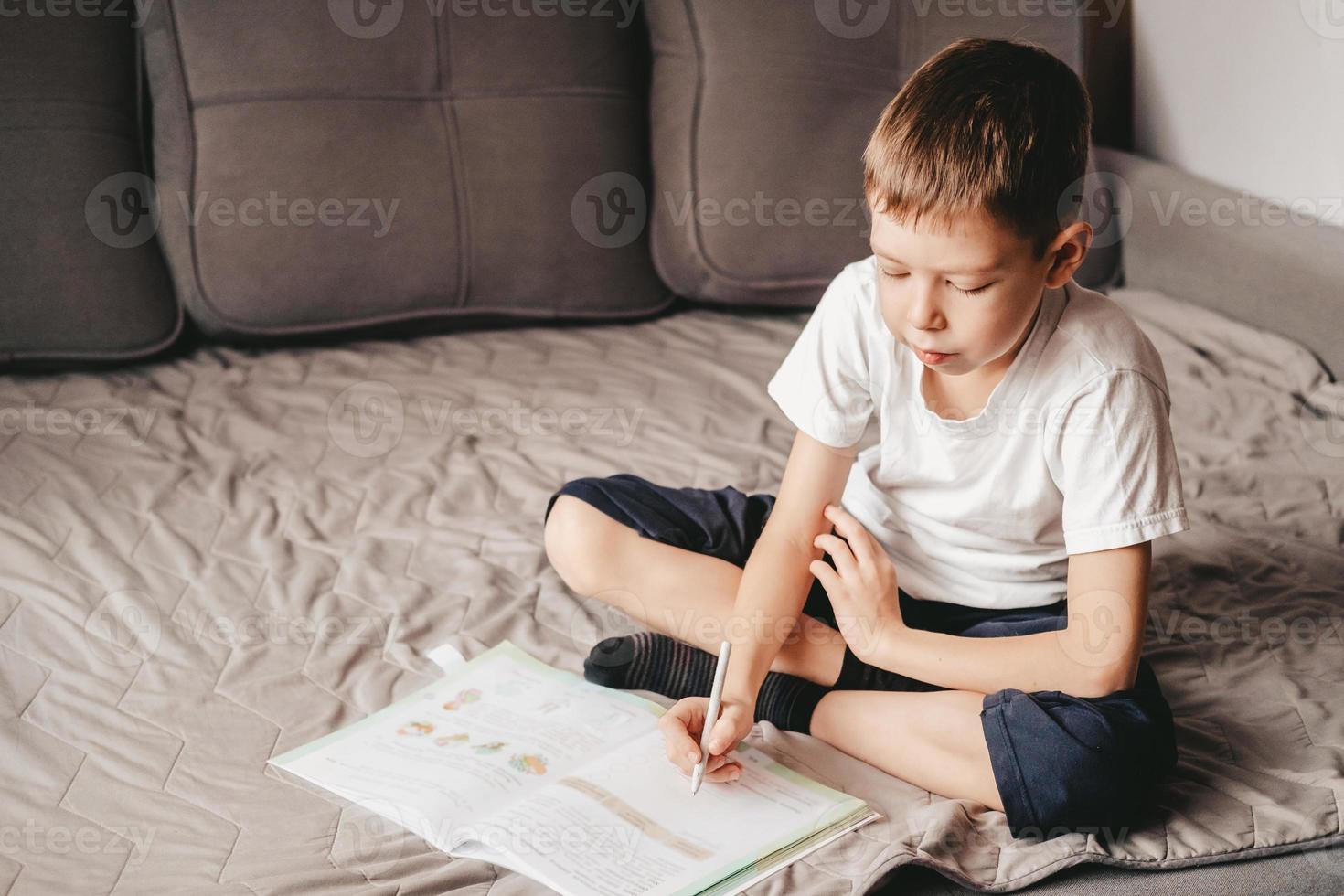 boy does homework while sitting on the gray sofa. A Caucasian teenager writes in a workbook on the couch. Homeschooling a 9 year old boy. Free learning photo