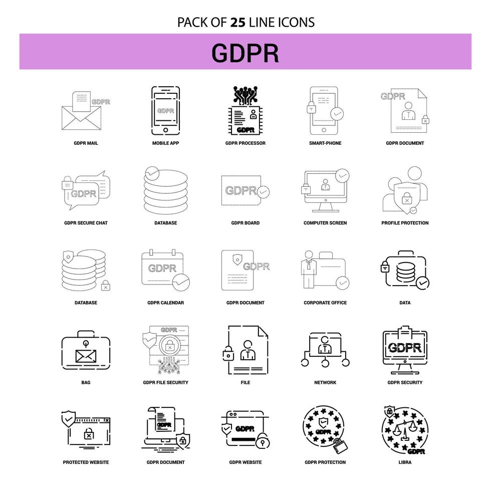 GDPR Line Icon Set 25 Dashed Outline Style vector