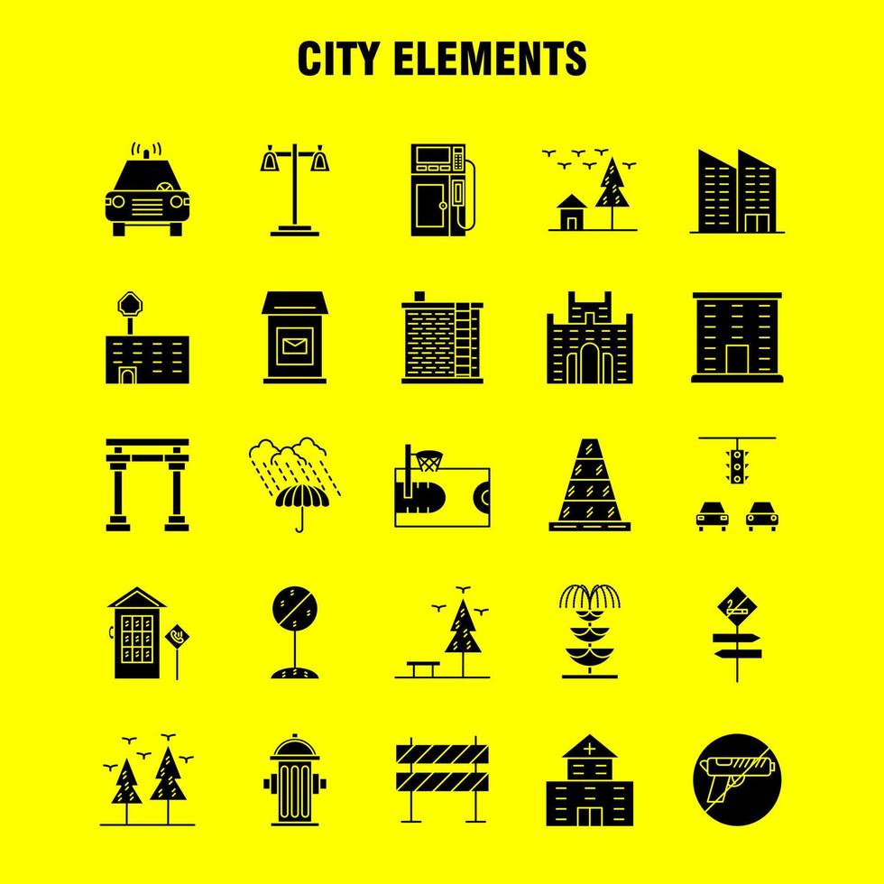 City Elements Solid Glyph Icons Set For Infographics Mobile UXUI Kit And Print Design Include Car Vehicle Travel Transport Swing Kids Parks Play Eps 10 Vector