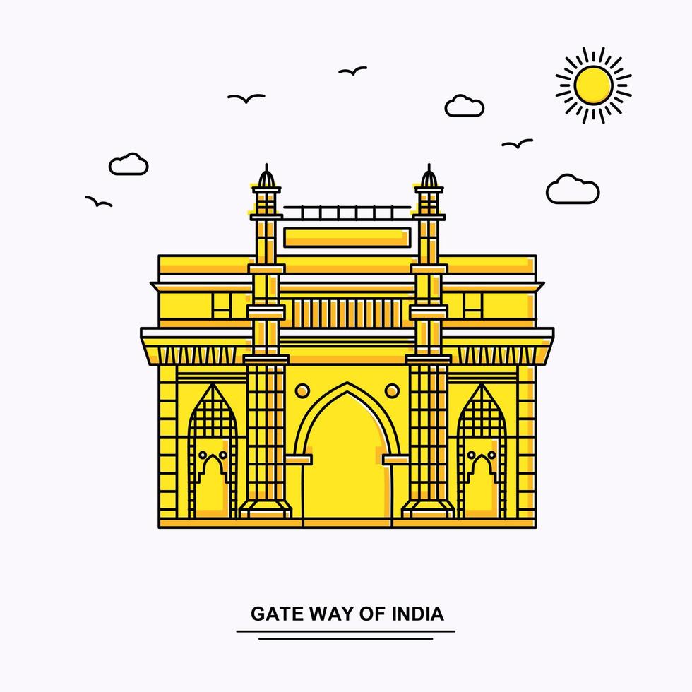 GATE WAY OF INDIA Monument Poster Template World Travel Yellow illustration Background in Line Style with beauture nature Scene vector