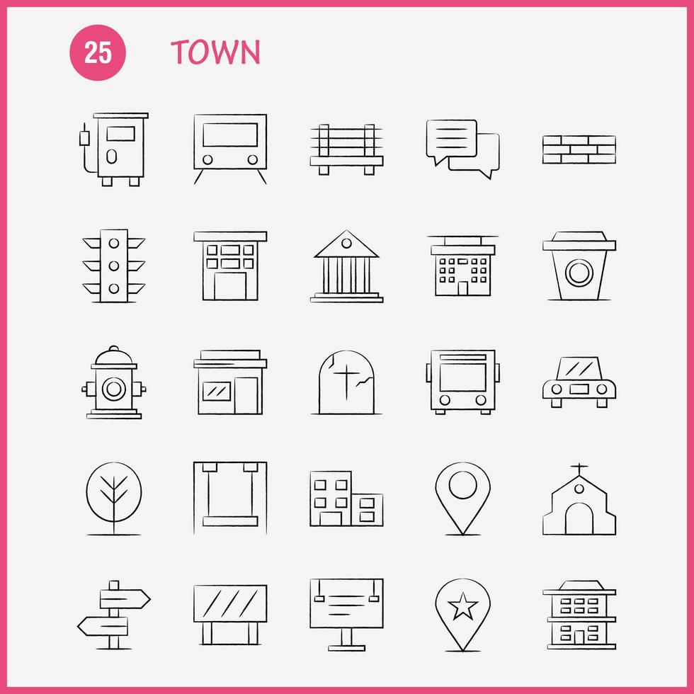 Town Hand Drawn Icons Set For Infographics Mobile UXUI Kit And Print Design Include Location Map Town Church House Town Park Playground Icon Set Vector