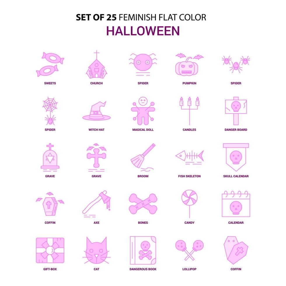 conjunto de 25 conjunto de iconos rosa de color plano femenino de halloween vector