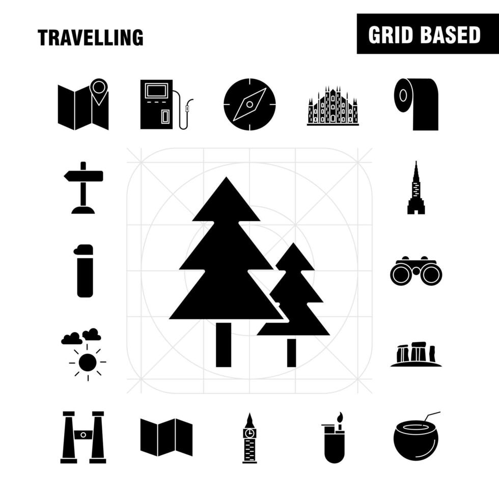 Travelling Solid Glyph Icons Set For Infographics Mobile UXUI Kit And Print Design Include Direction Board Board Direction Traffic Board Dish Food Eps 10 Vector