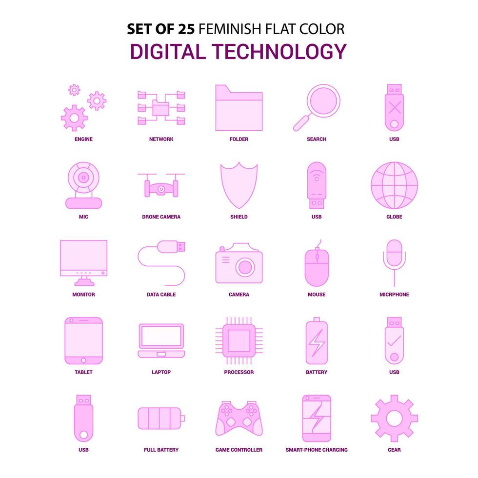 Set of 25 Feminish Digital Technology Flat Color Pink Icon set vector