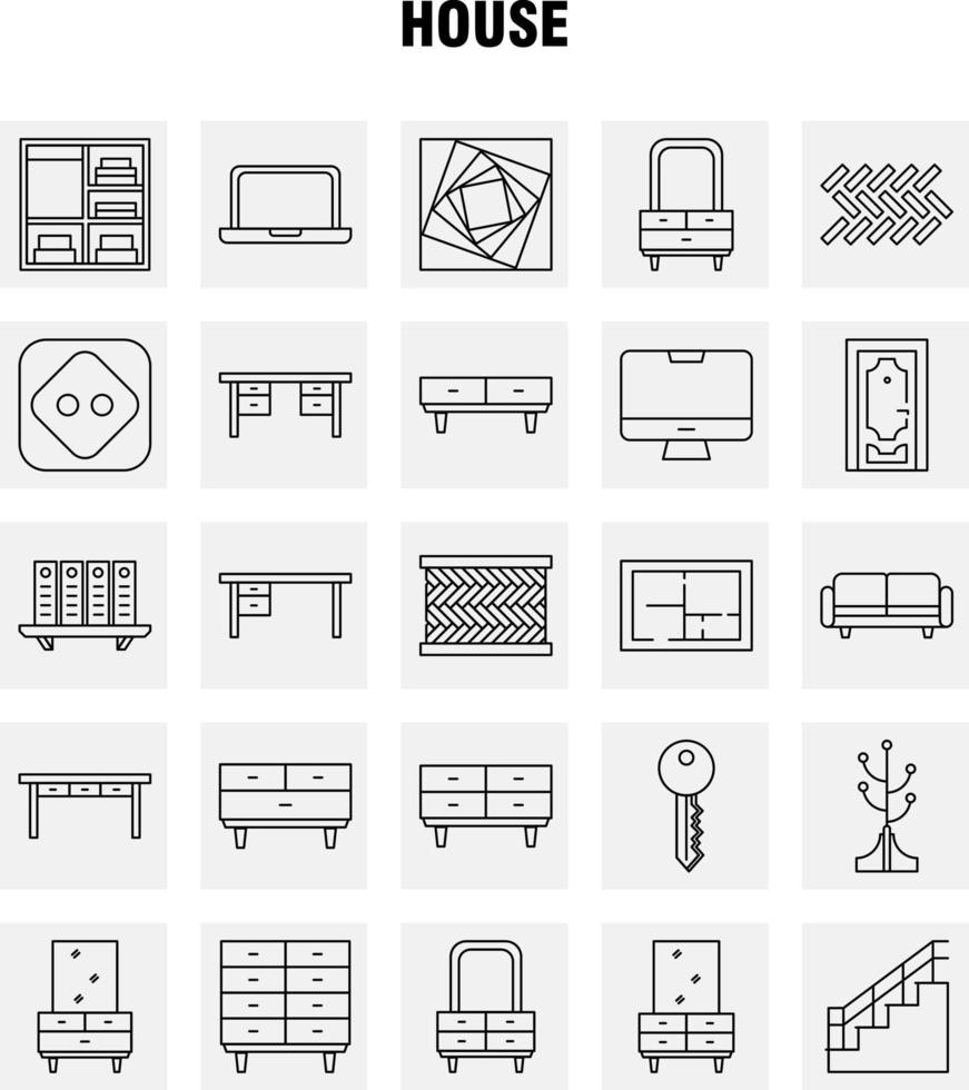 icono de la línea de la casa para impresión web y kit de uxui móvil, como muebles de sofá, muebles de cajones de cofres interiores, mantener el vector del paquete de pictogramas