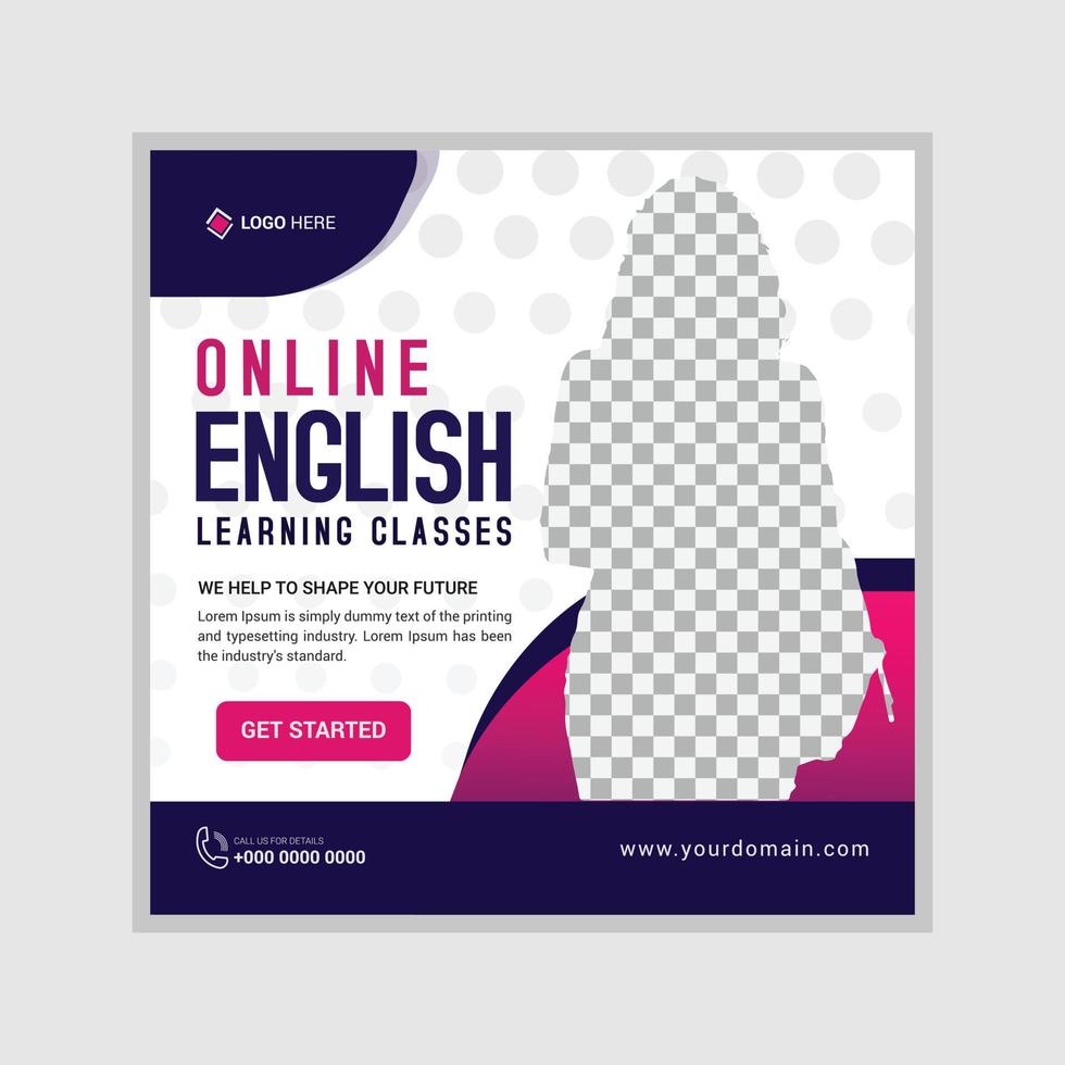 Online English lessons social media post design template, Advertising social media posts with customized layers. Promotional social media posts for advertising vector