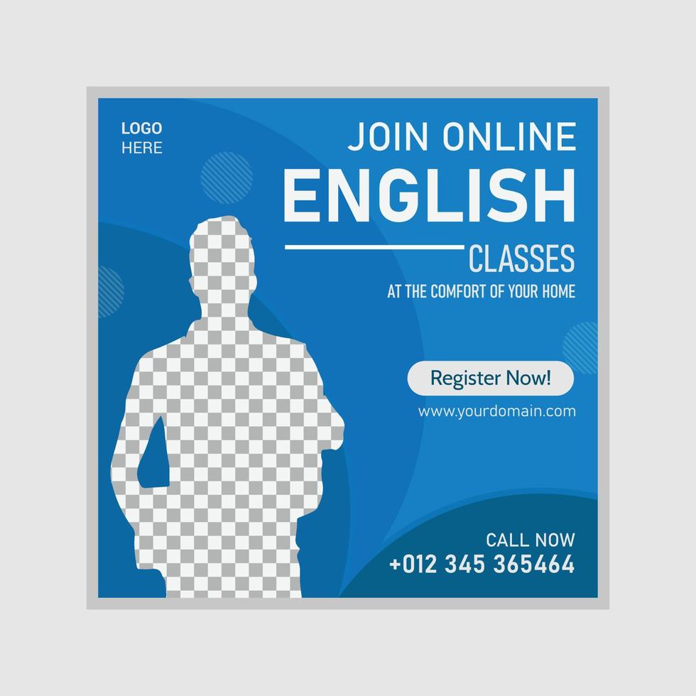 Online English lessons social media post design template, Advertising social media posts with customized layers. Promotional social media posts for advertising vector