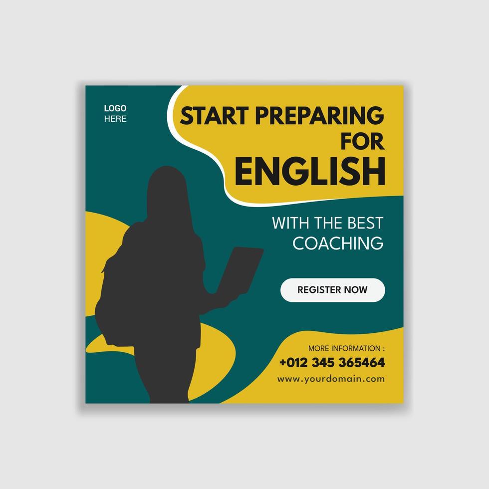 English lessons online Institution social media post design template. Advertising social media posts with customized layers. Promotional social media posts for advertising vector