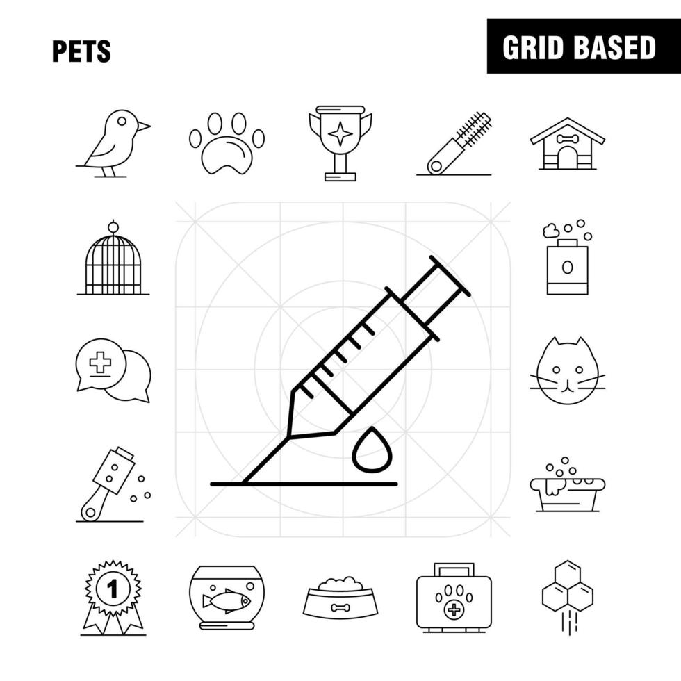 Pets Line Icons Set For Infographics Mobile UXUI Kit And Print Design Include Pet Medical Medicine Bottle Bathtub Shower Pet Animal Icon Set Vector