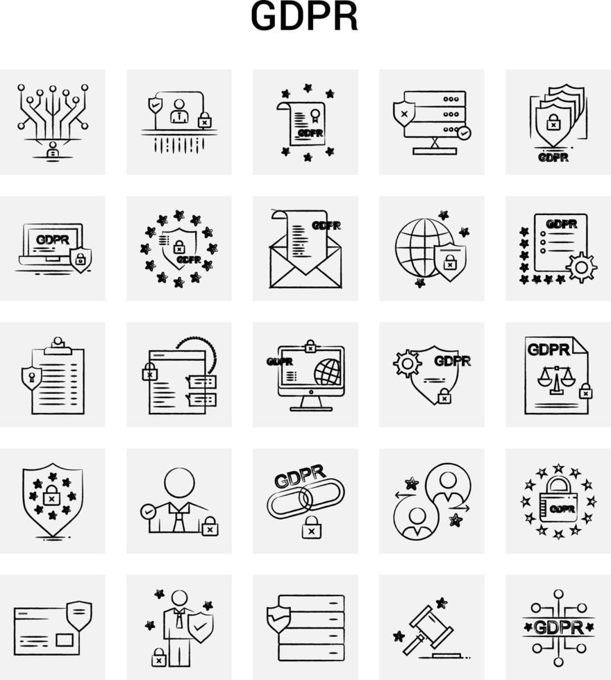 25 conjunto de iconos gdpr dibujados a mano fondo gris garabato vectorial vector