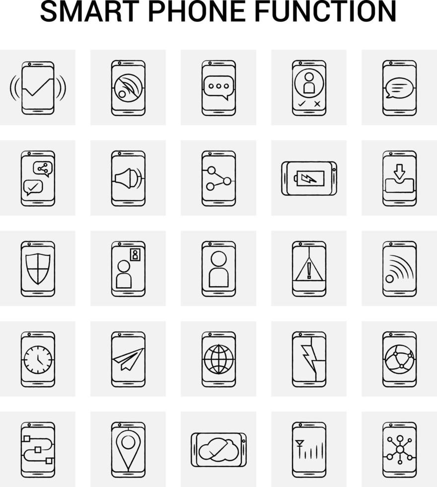 25 funciones de teléfono inteligente dibujadas a mano conjunto de iconos de fondo gris garabato vectorial vector