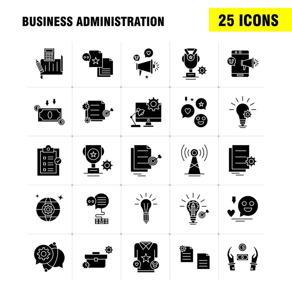 los iconos de glifo sólido de administración empresarial establecidos para el kit de uxui móvil de infografía y el diseño de impresión incluyen el archivo de configuración del documento de educación escolar del bolso de la escuela vector eps 10