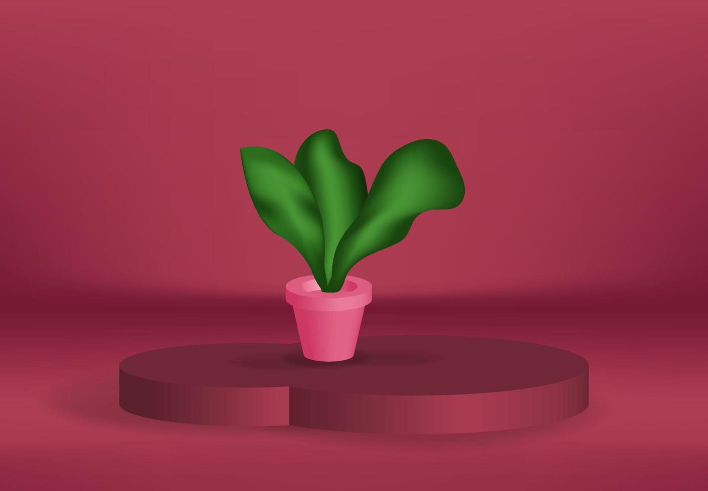 Plantilla de vector realista de hoja de maceta vectorial 3d, signo de flor de belleza de maqueta de cierre rosa limpio, fondo de podio interior de decoración