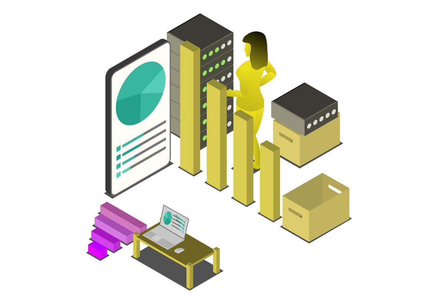 datos isométricos, oficina de verificación joven en el sistema de datos de hardware, ilustración vectorial sistema digital de copia de seguridad de la red alojamiento en la nube signo aislado vector