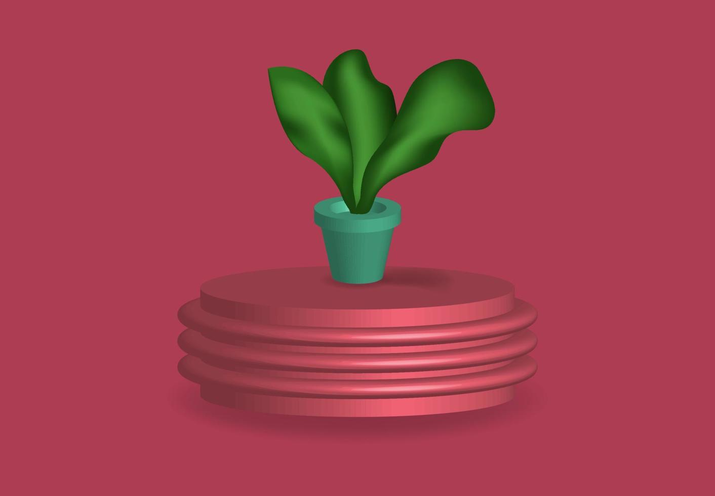 Plantilla de vector realista de hoja de maceta vectorial 3d, signo de flor de belleza de maqueta de cierre rosa limpio, fondo de podio interior de decoración