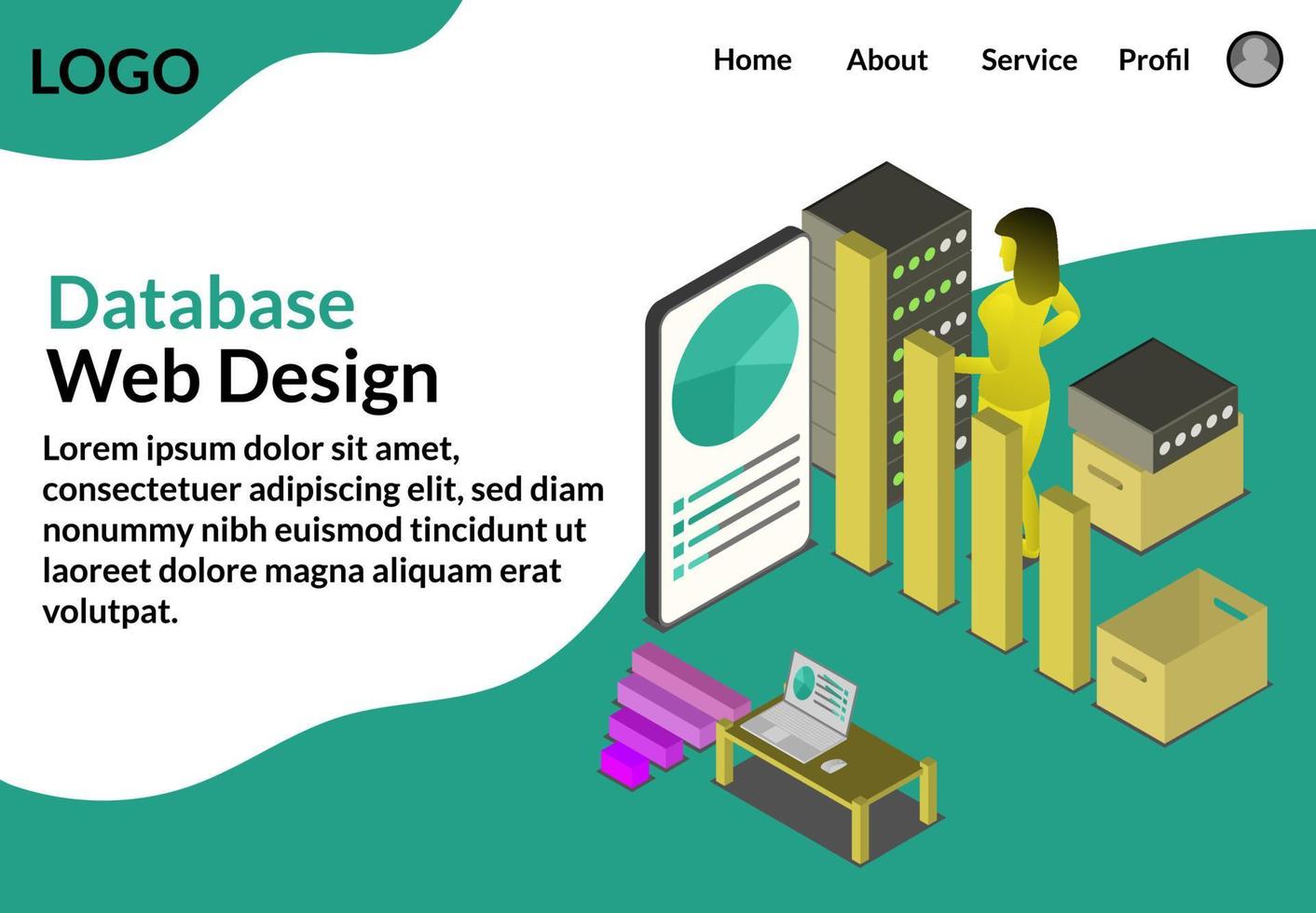 Landing page concept young check data server hardware digital network , isometric template cloud system information big data vector
