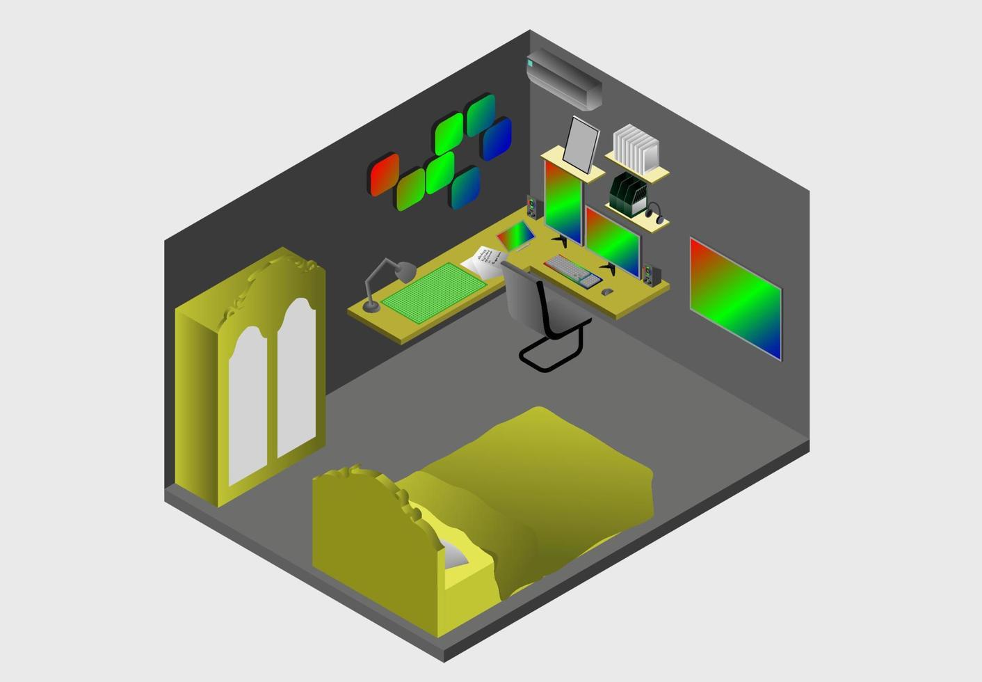 isométrico - concepto interior diseñador gráfico concepto rgb en monitor tableta, plantilla de casa signo negocio vector