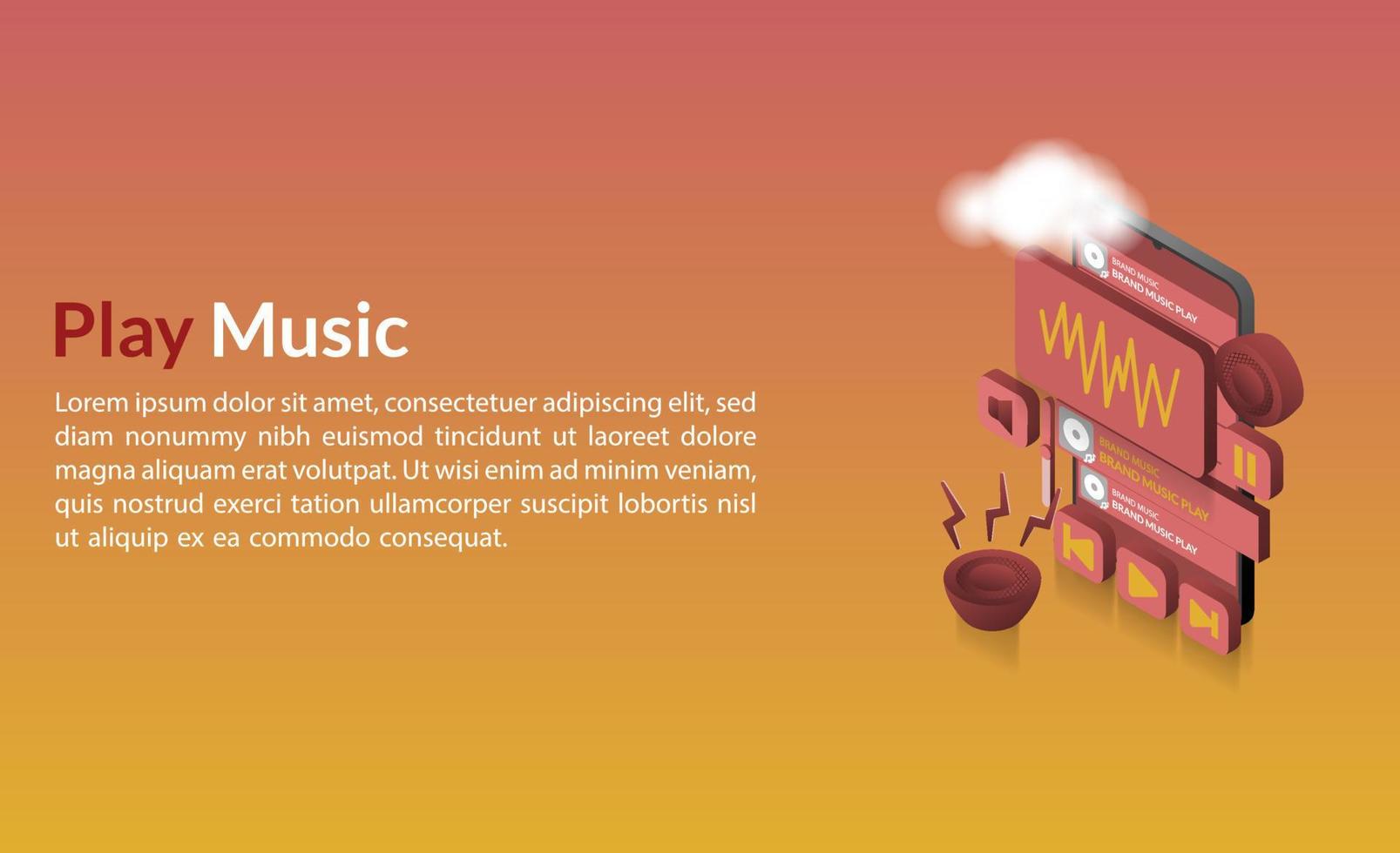 Isometric design - music play button on, speaker aktif concept music on tablet monitor , playlist sign template vector