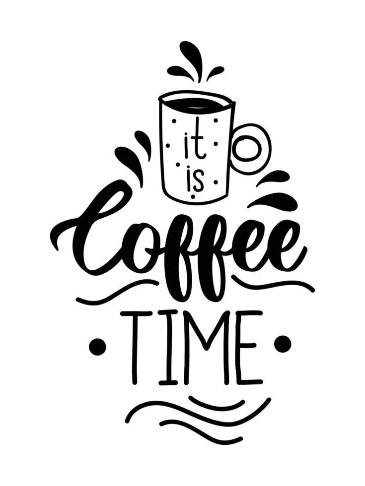 Hand drawn lettering phrase IT IS COFFEE TIME for prints and posters, menu design, stickers, invitations, greeting cards. Modern typography coffee quote. vector