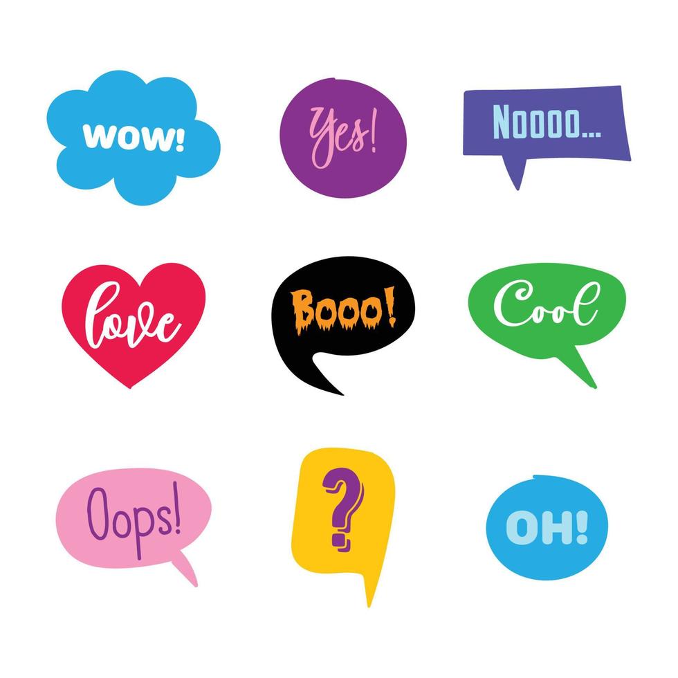Stickers set. Speech balloon, speech bubble of different shapes. Phrases and exclamations to express different emotions. vector