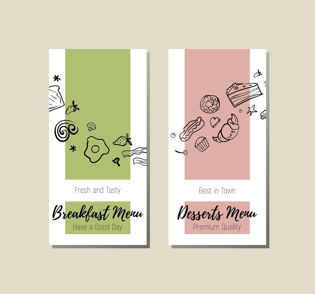 Menu covers set for cafe and restaurant.  Breakfast menu and dessert menu vertical banner. Black and white line illustration of breakfast food and desserts. vector